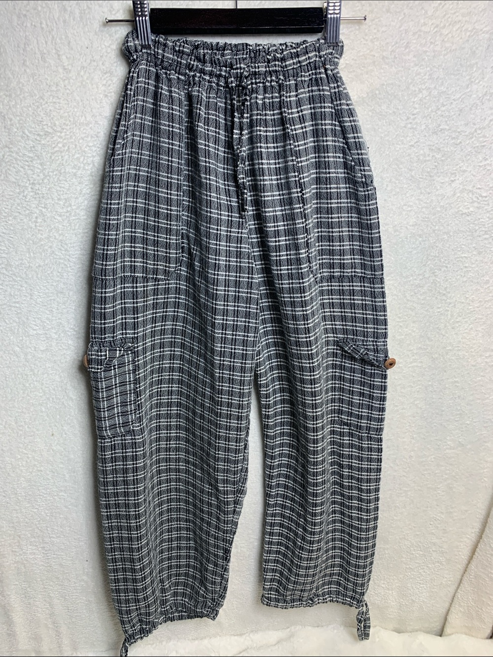Black & White Plaid Drawstring Cargo Pants